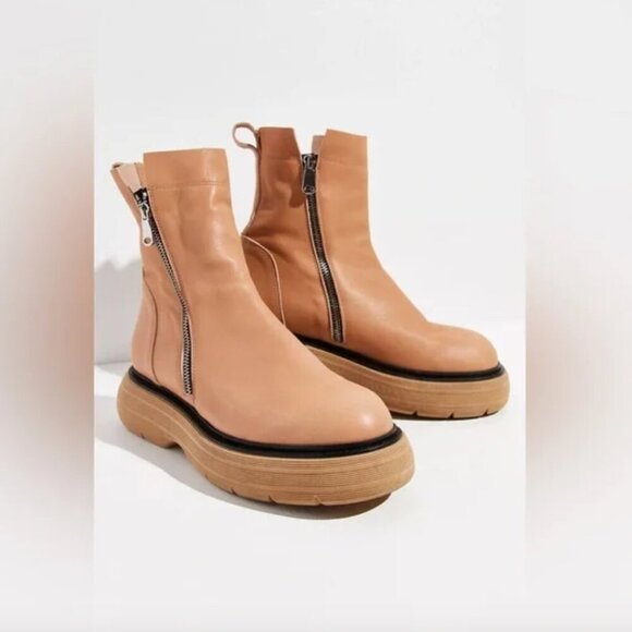 Free People Mara Boots Dual Zip Chunky Platform Leather Boot Latte Brown Size 8 - Picture 1 of 11